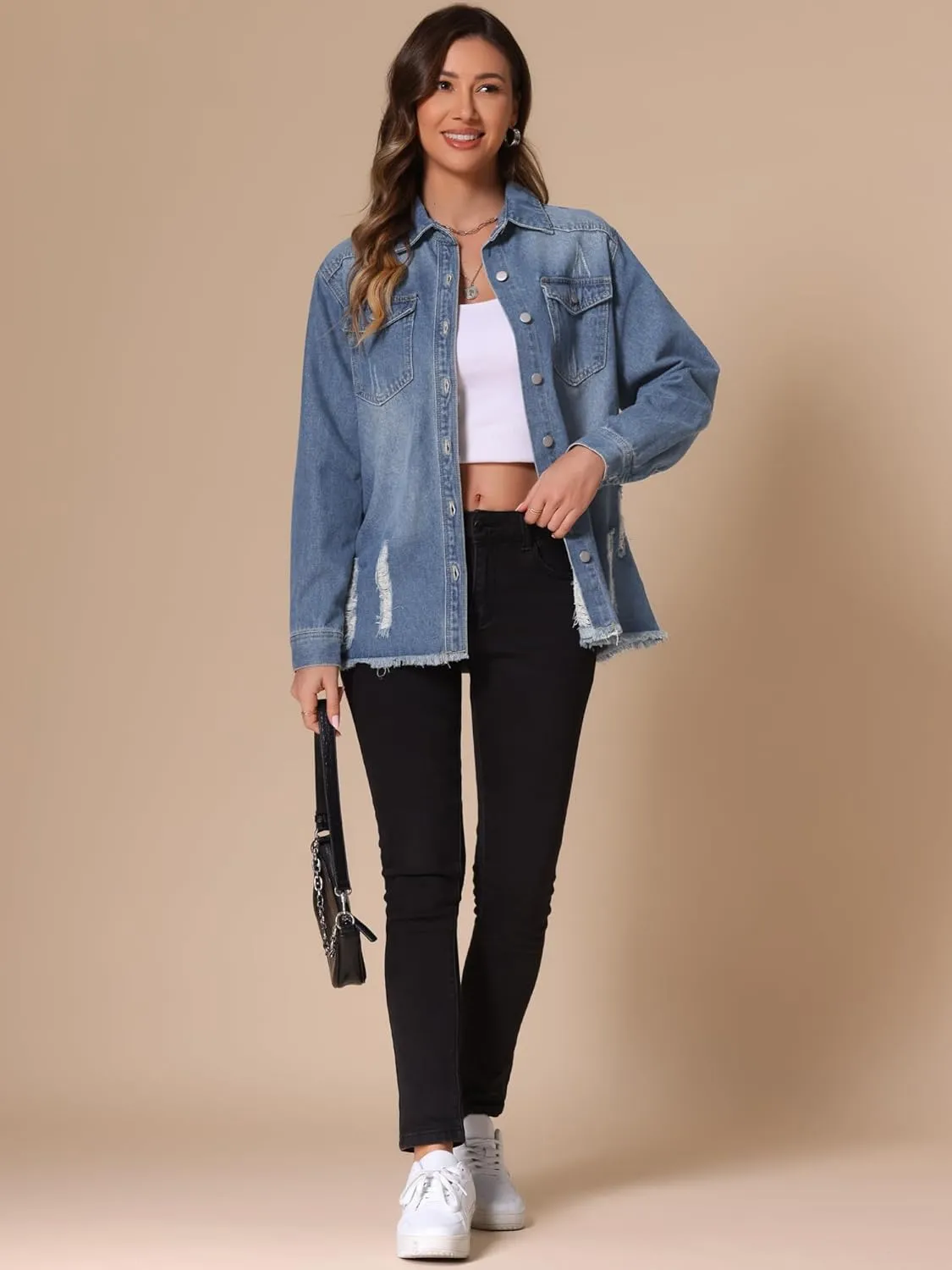 Allegra K Women's Denim Jacket Casual Long Sleeve Frayed Hem 2025 Wash Outfits Ripped Distressed Jean Jackets