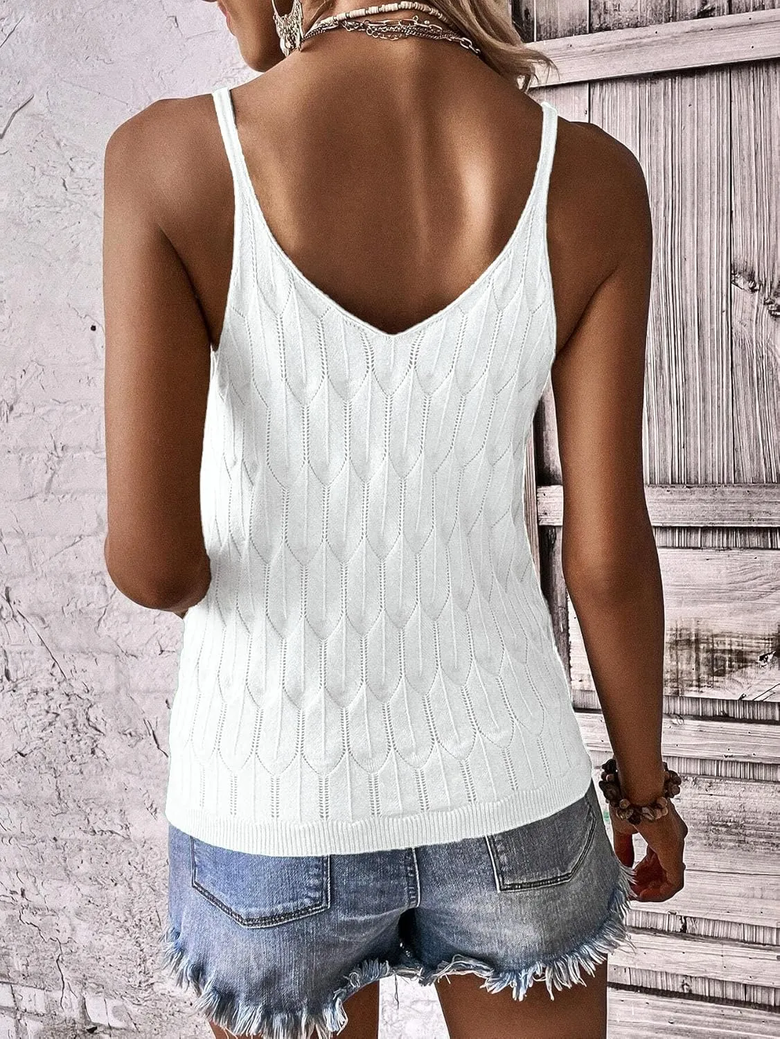 Allimy Womens Pointelle Knit Top V Neck Strappy Tank Tops Summer Sleeveless Blouses Shirts Tops