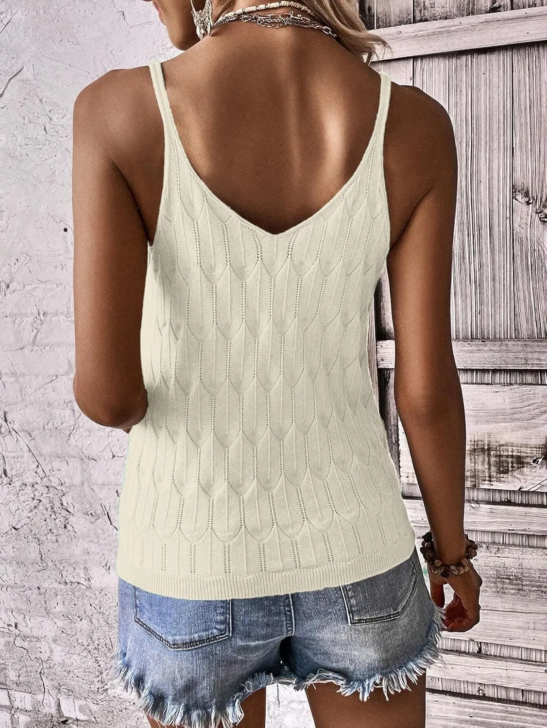 Allimy Womens Pointelle Knit Top V Neck Strappy Tank Tops Summer Sleeveless Blouses Shirts Tops