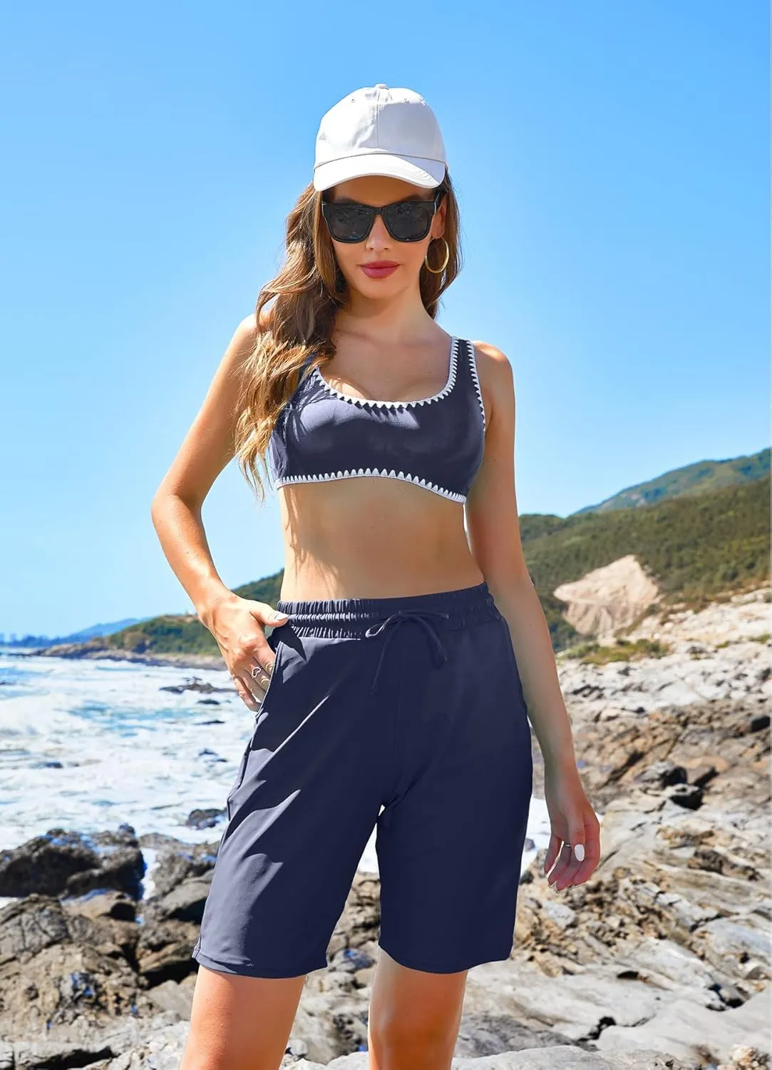 ALove Women's 9" Swim Shorts High Waisted Swim Board Shorts with Pockets UPF 50  Swimsuit Bottoms Built-in Brief
