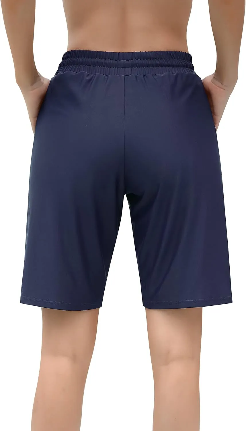 ALove Women's 9" Swim Shorts High Waisted Swim Board Shorts with Pockets UPF 50  Swimsuit Bottoms Built-in Brief