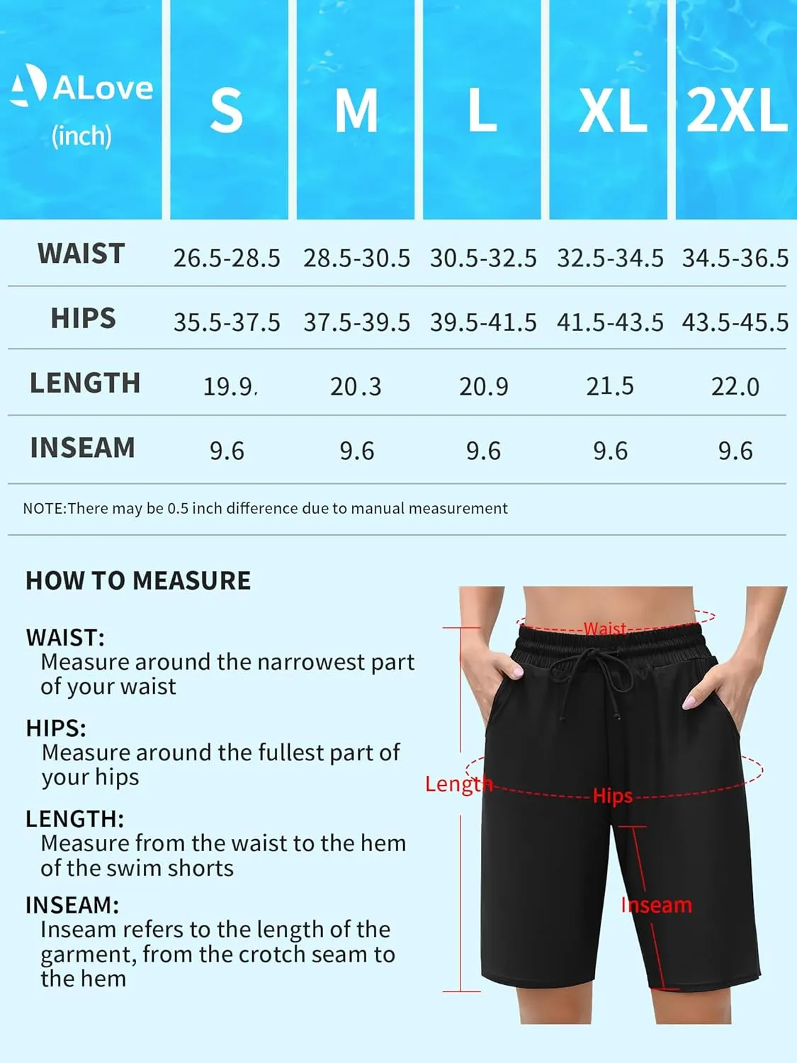 ALove Women's 9" Swim Shorts High Waisted Swim Board Shorts with Pockets UPF 50  Swimsuit Bottoms Built-in Brief