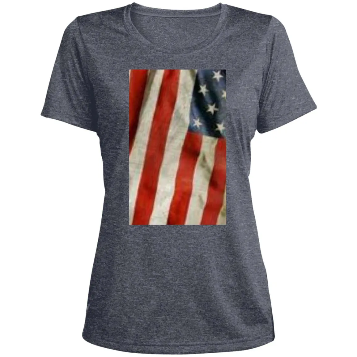 American Flag -- Distressed & Waving -- CLOSEOUT -- Ladies' Heather Scoop Neck Performance Tee