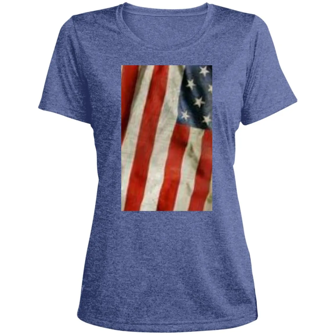 American Flag -- Distressed & Waving -- CLOSEOUT -- Ladies' Heather Scoop Neck Performance Tee