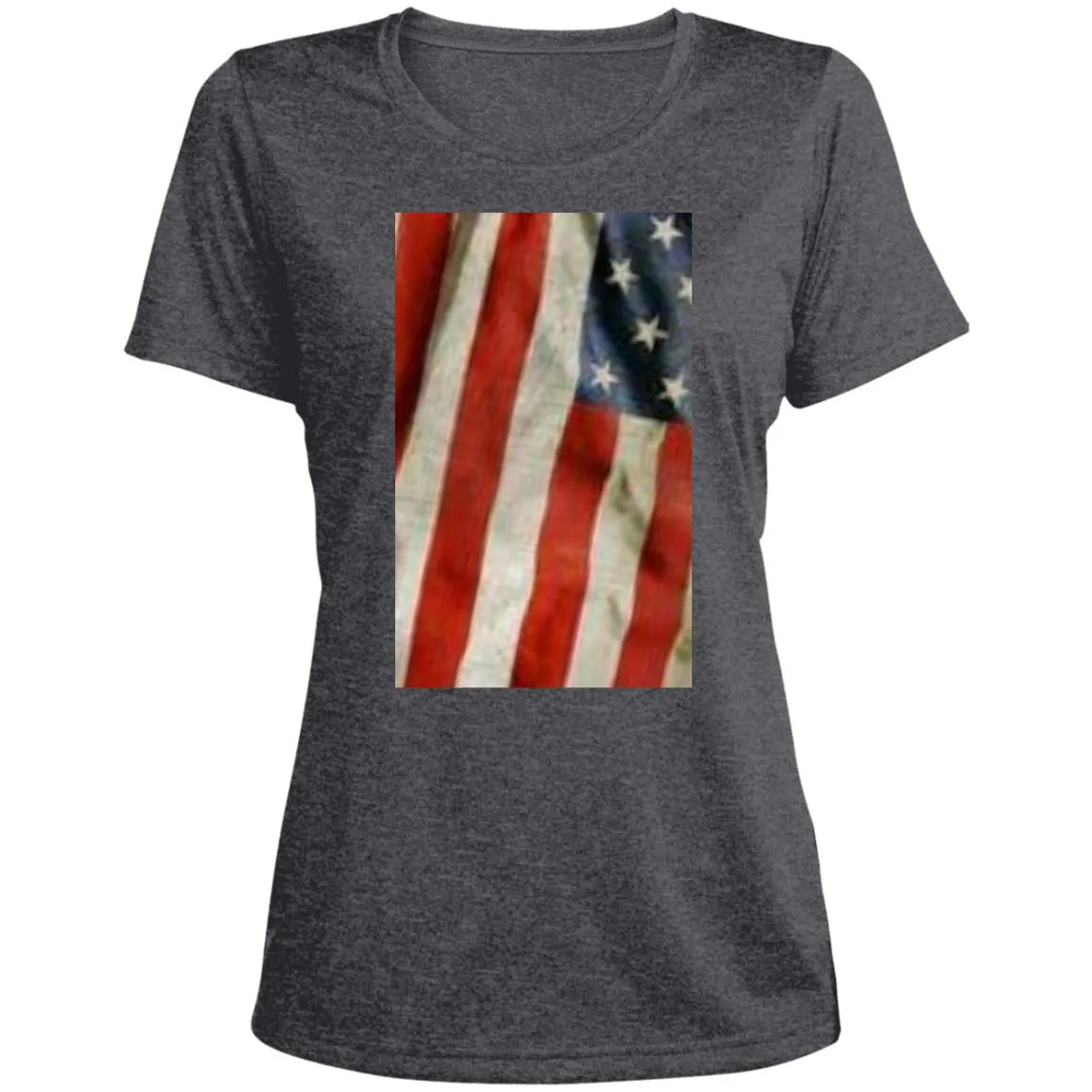 American Flag -- Distressed & Waving -- CLOSEOUT -- Ladies' Heather Scoop Neck Performance Tee