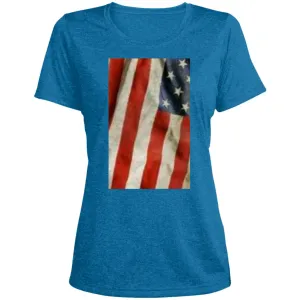 American Flag -- Distressed & Waving -- CLOSEOUT -- Ladies' Heather Scoop Neck Performance Tee