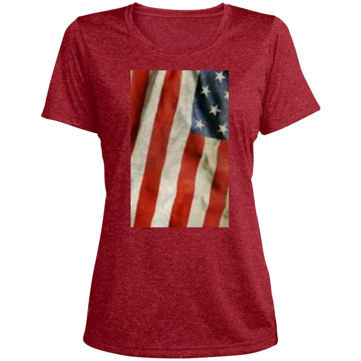 American Flag -- Distressed & Waving -- CLOSEOUT -- Ladies' Heather Scoop Neck Performance Tee