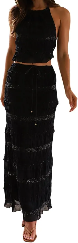 Amiblvowa Women Y2k 2 Piece Maxi Skirt Set Backless Smocked Lace Halter Crop Top Tiered Flowy Long Skirt Beach Clubwear