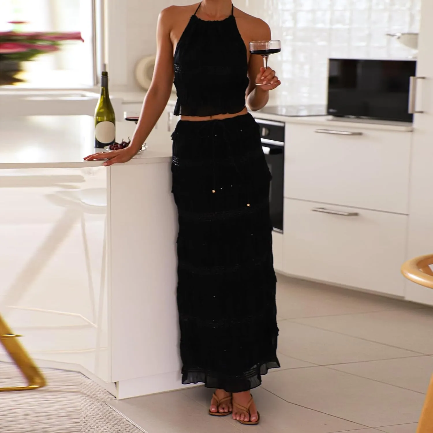 Amiblvowa Women Y2k 2 Piece Maxi Skirt Set Backless Smocked Lace Halter Crop Top Tiered Flowy Long Skirt Beach Clubwear
