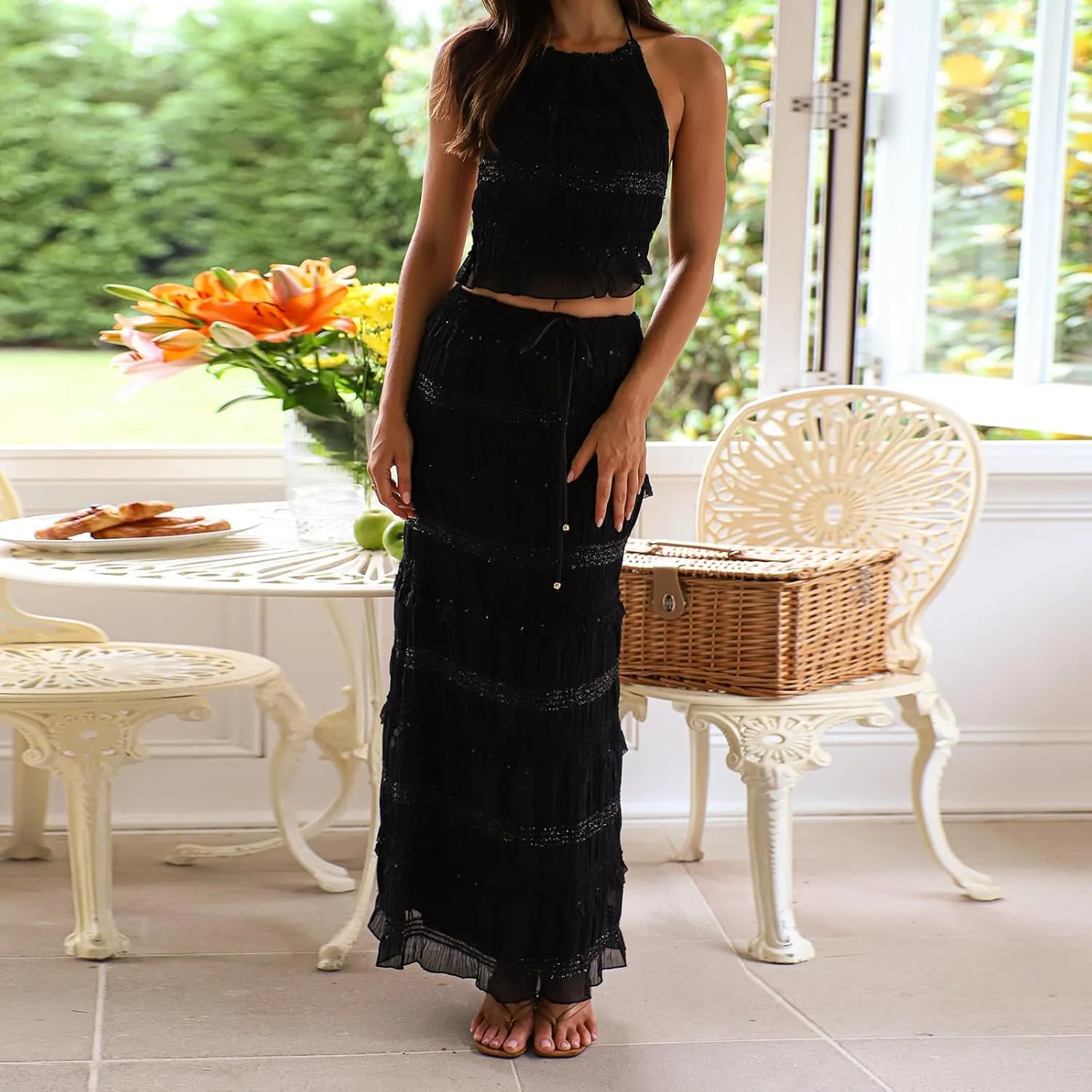 Amiblvowa Women Y2k 2 Piece Maxi Skirt Set Backless Smocked Lace Halter Crop Top Tiered Flowy Long Skirt Beach Clubwear