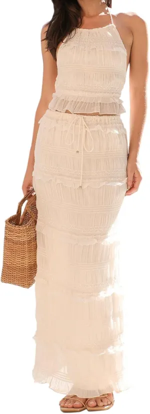 Amiblvowa Women Y2k 2 Piece Maxi Skirt Set Backless Smocked Lace Halter Crop Top Tiered Flowy Long Skirt Club Streetwear