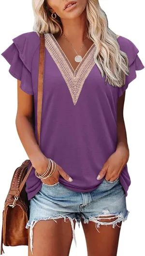 Angerella Short Sleeve Lace V Neck Shirts for Women Floral Print Tunic Tops Blouses