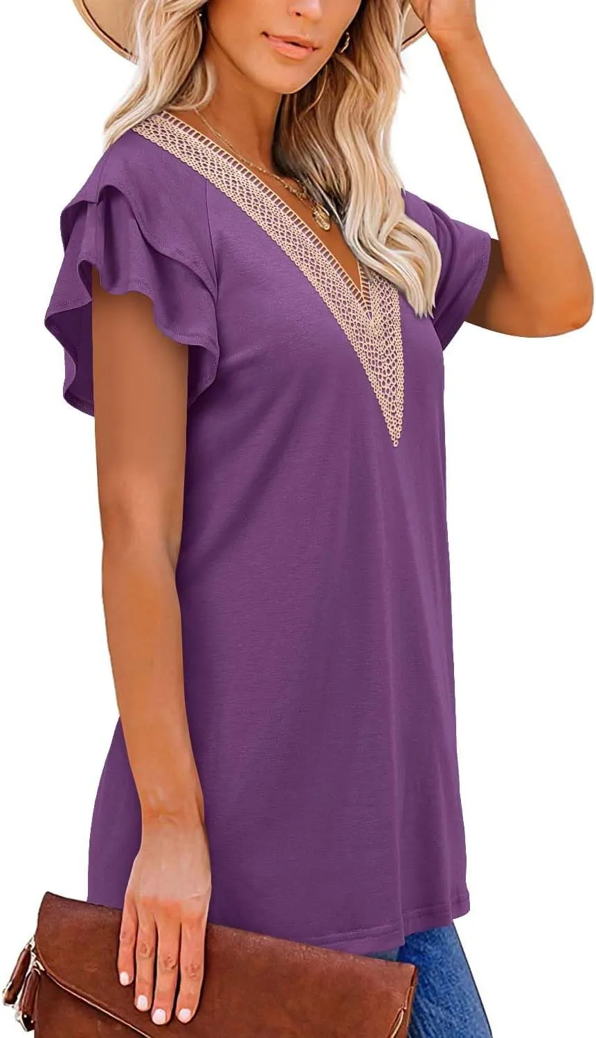 Angerella Short Sleeve Lace V Neck Shirts for Women Floral Print Tunic Tops Blouses
