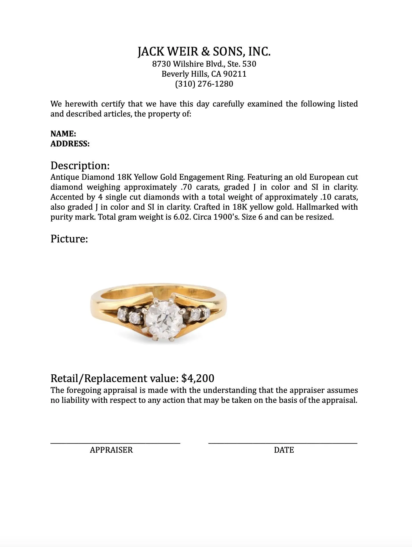 Antique Diamond 18K Yellow Gold Engagement Ring