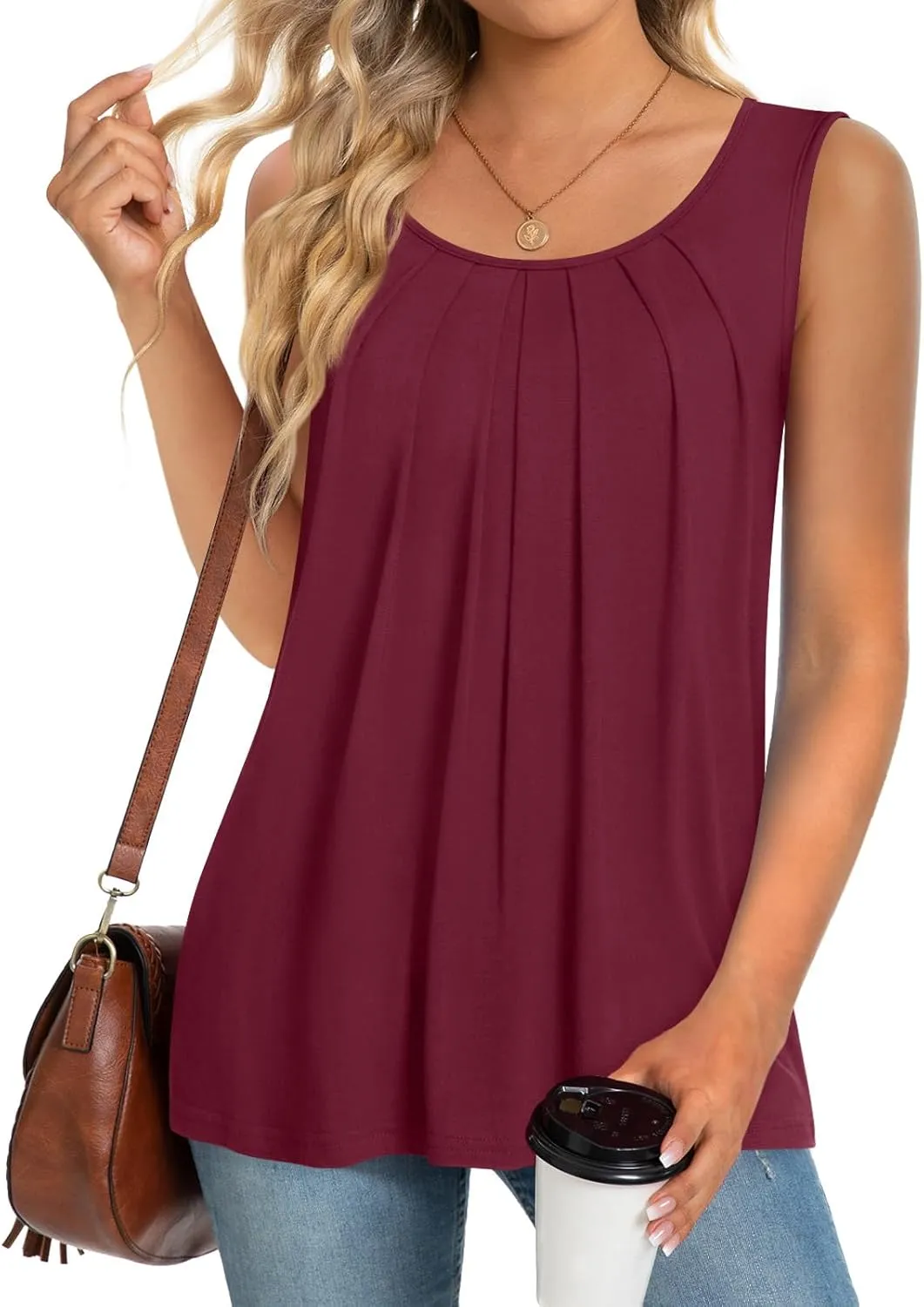 Anymeet Womens Tank Tops 2025 Spring Sleeveless Tunic Casual Basic Tshirts with Leggings Loose Pleated Blouses