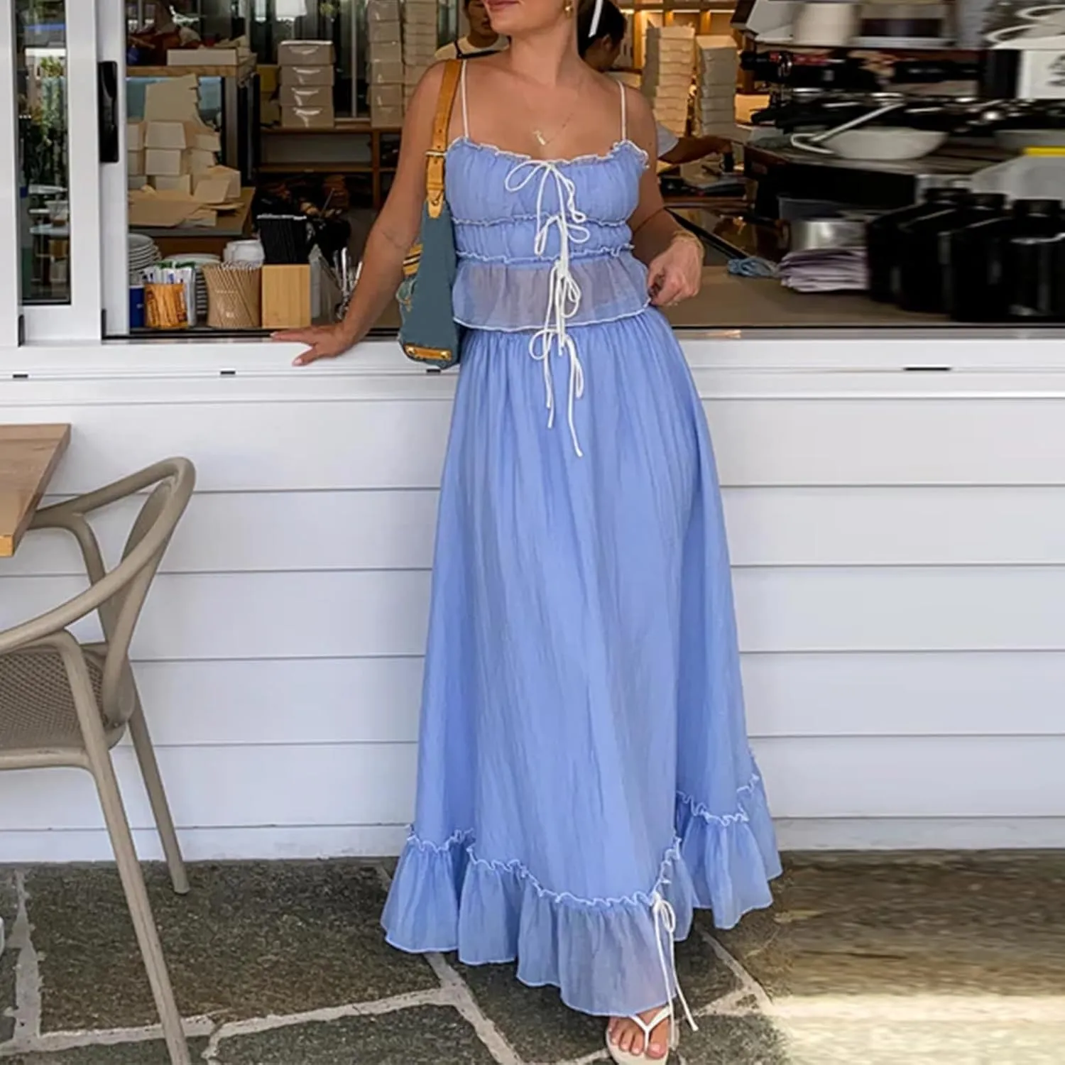 Aopwsrlyi Womens 2024 Summer 2 Piece Outfits Front Tie-Up Camisole Tank Top and Ruched Ruffle Maxi Skirt Sets