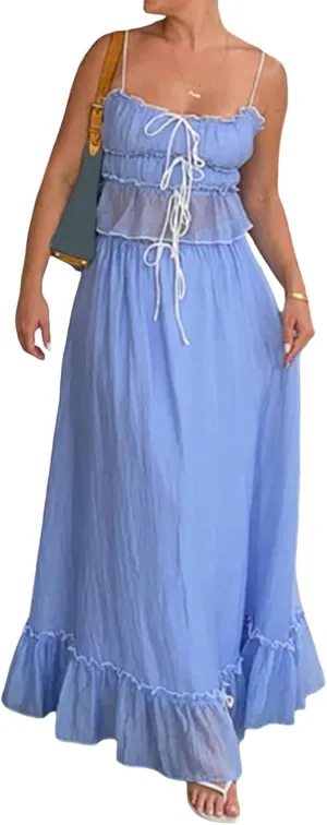 Aopwsrlyi Womens 2024 Summer 2 Piece Outfits Front Tie-Up Camisole Tank Top and Ruched Ruffle Maxi Skirt Sets