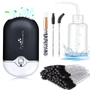 AREMOD Eyelash Fan Dryer for Lash Extensions Mini Fan for Lashes Eyelash Extension Supplies with Lash Brushes for Cleansing(black)