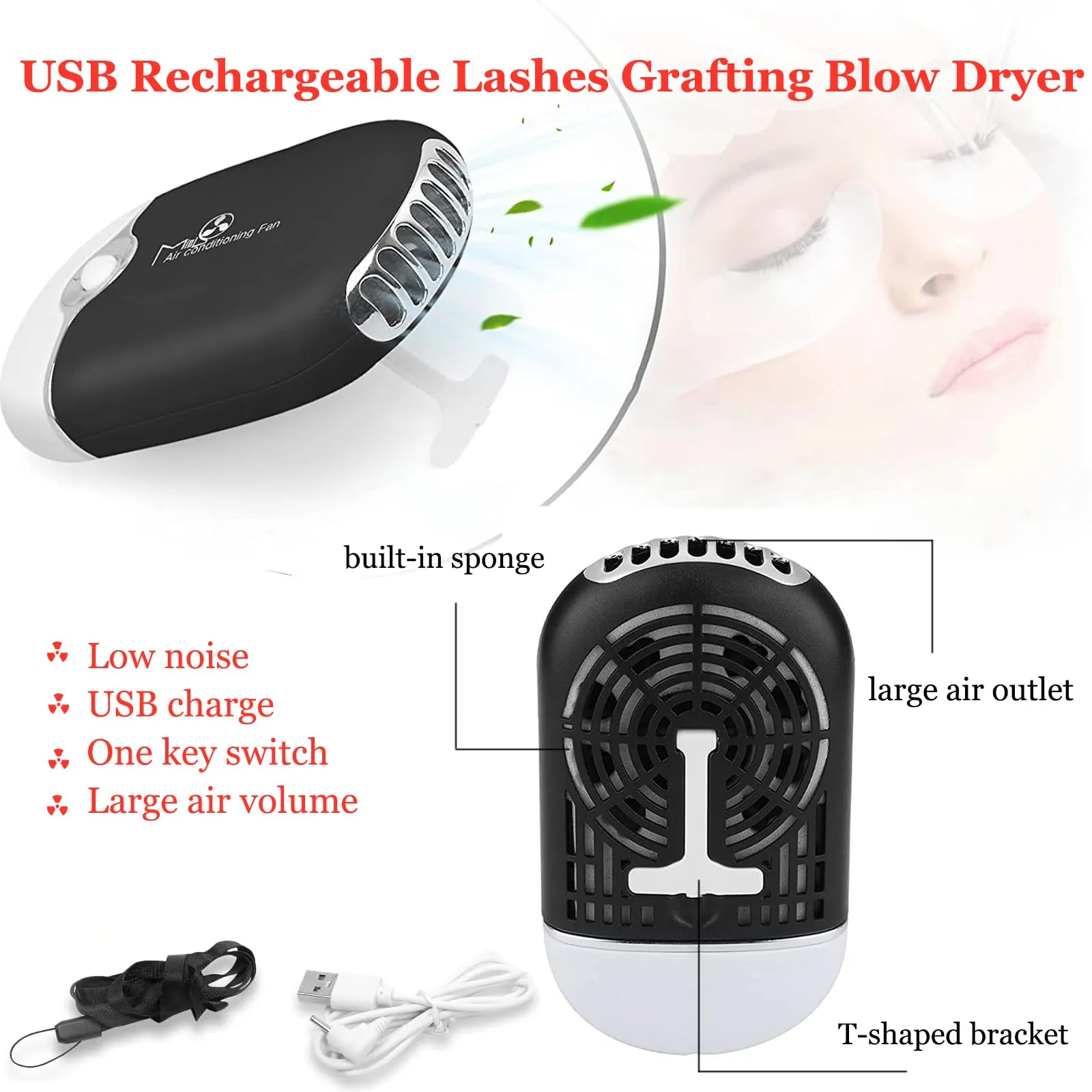 AREMOD Eyelash Fan Dryer for Lash Extensions Mini Fan for Lashes Eyelash Extension Supplies with Lash Brushes for Cleansing(black)
