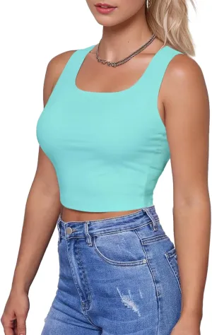 AURUZA Crop Tops for Women, Womens Double Lined Tank Tops U-Neck Basic Workout Tank Tops Woman Sleeveless Shirt Going Out Top