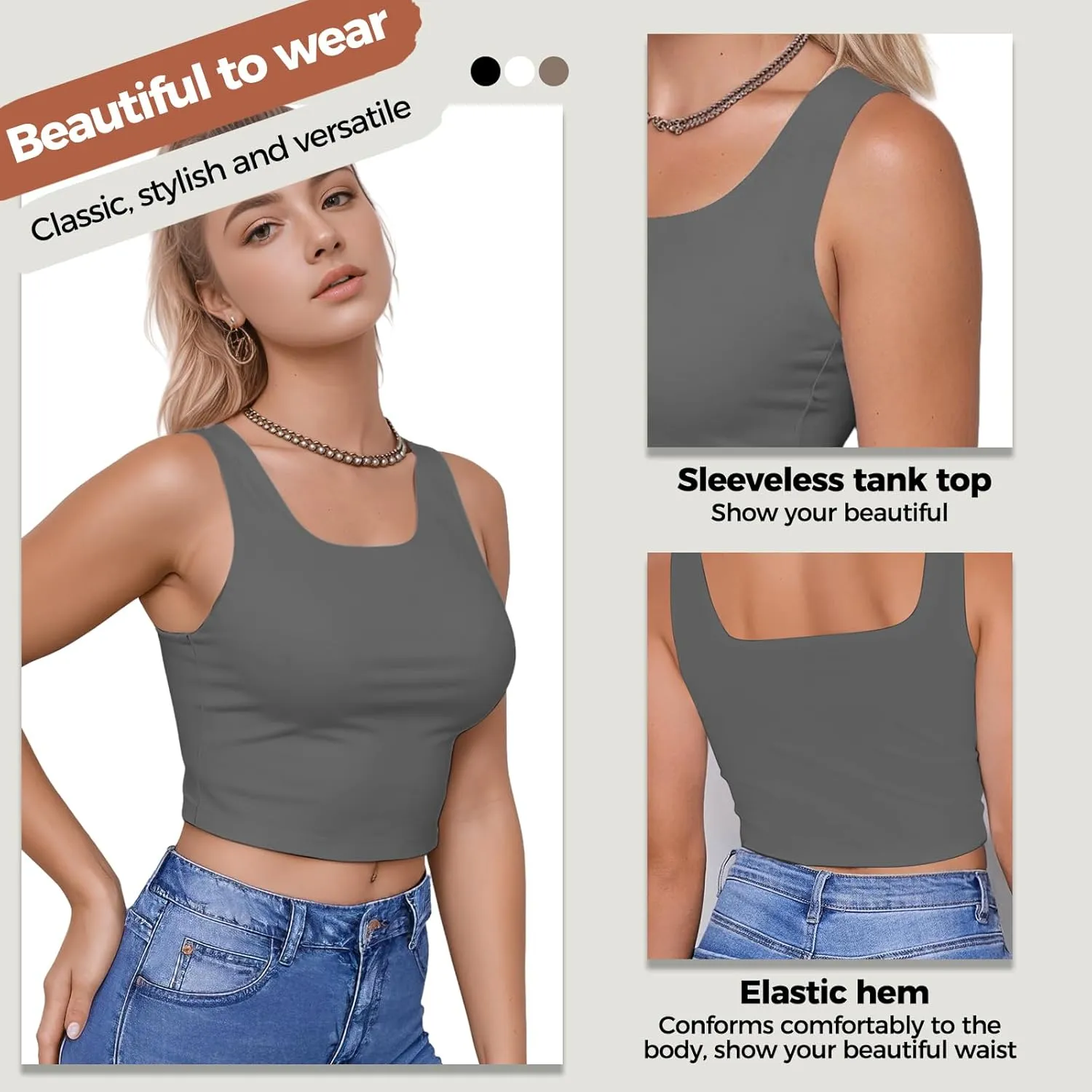 AURUZA Crop Tops for Women, Womens Double Lined Tank Tops U-Neck Basic Workout Tank Tops Woman Sleeveless Shirt Going Out Top