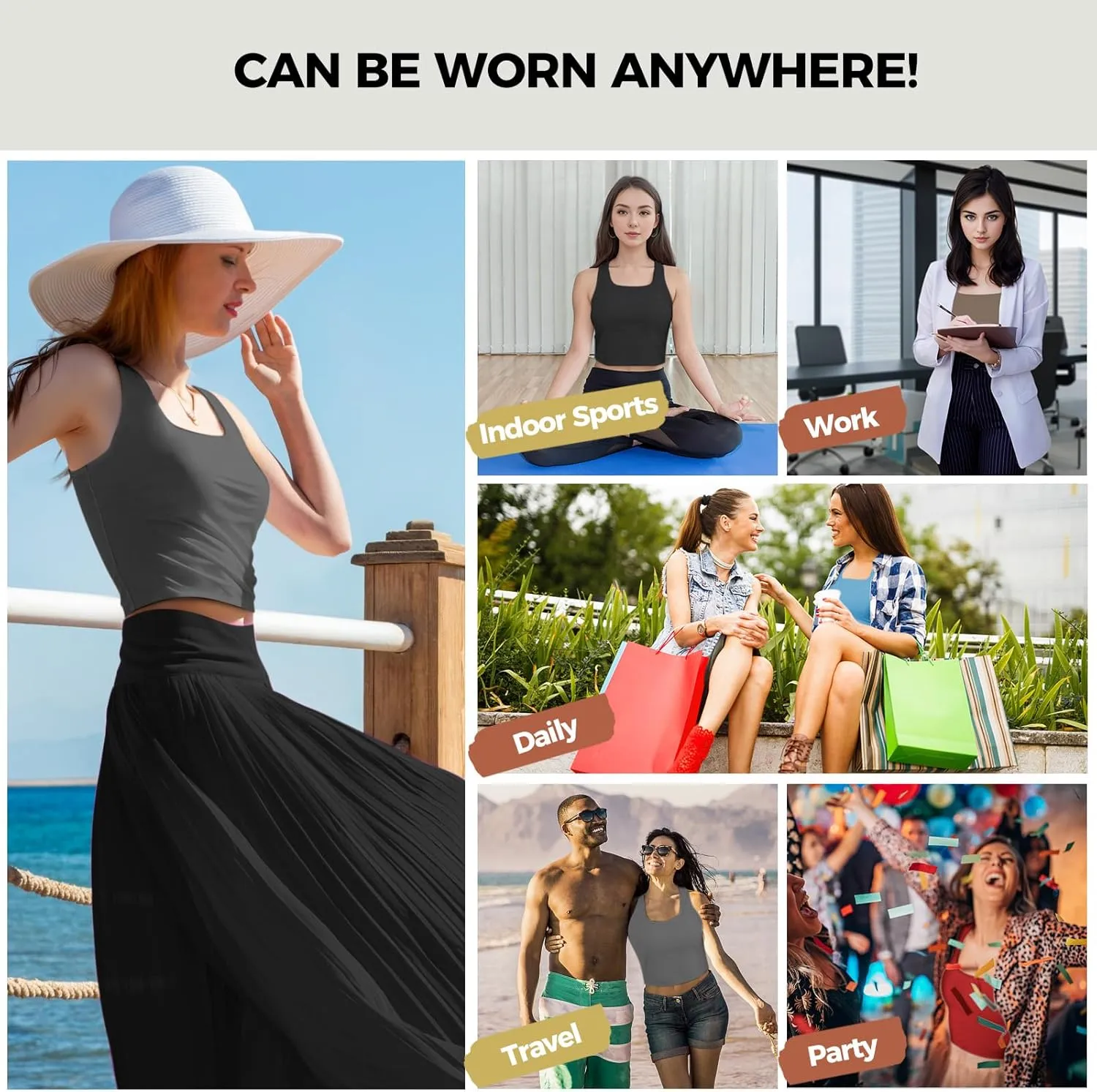 AURUZA Crop Tops for Women, Womens Double Lined Tank Tops U-Neck Basic Workout Tank Tops Woman Sleeveless Shirt Going Out Top