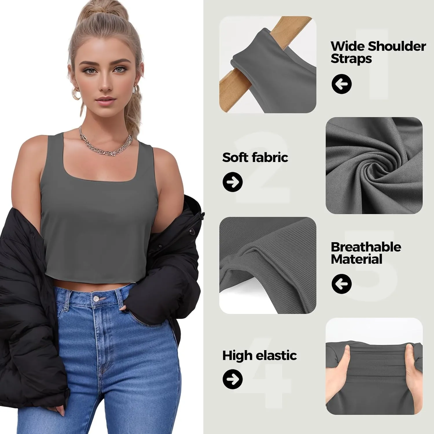 AURUZA Crop Tops for Women, Womens Double Lined Tank Tops U-Neck Basic Workout Tank Tops Woman Sleeveless Shirt Going Out Top