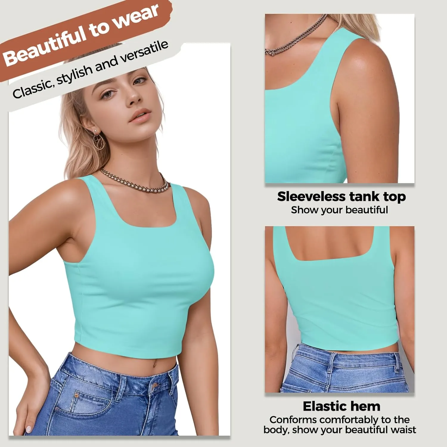 AURUZA Crop Tops for Women, Womens Double Lined Tank Tops U-Neck Basic Workout Tank Tops Woman Sleeveless Shirt Going Out Top