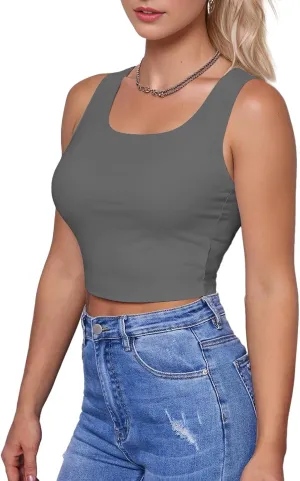 AURUZA Crop Tops for Women, Womens Double Lined Tank Tops U-Neck Basic Workout Tank Tops Woman Sleeveless Shirt Going Out Top
