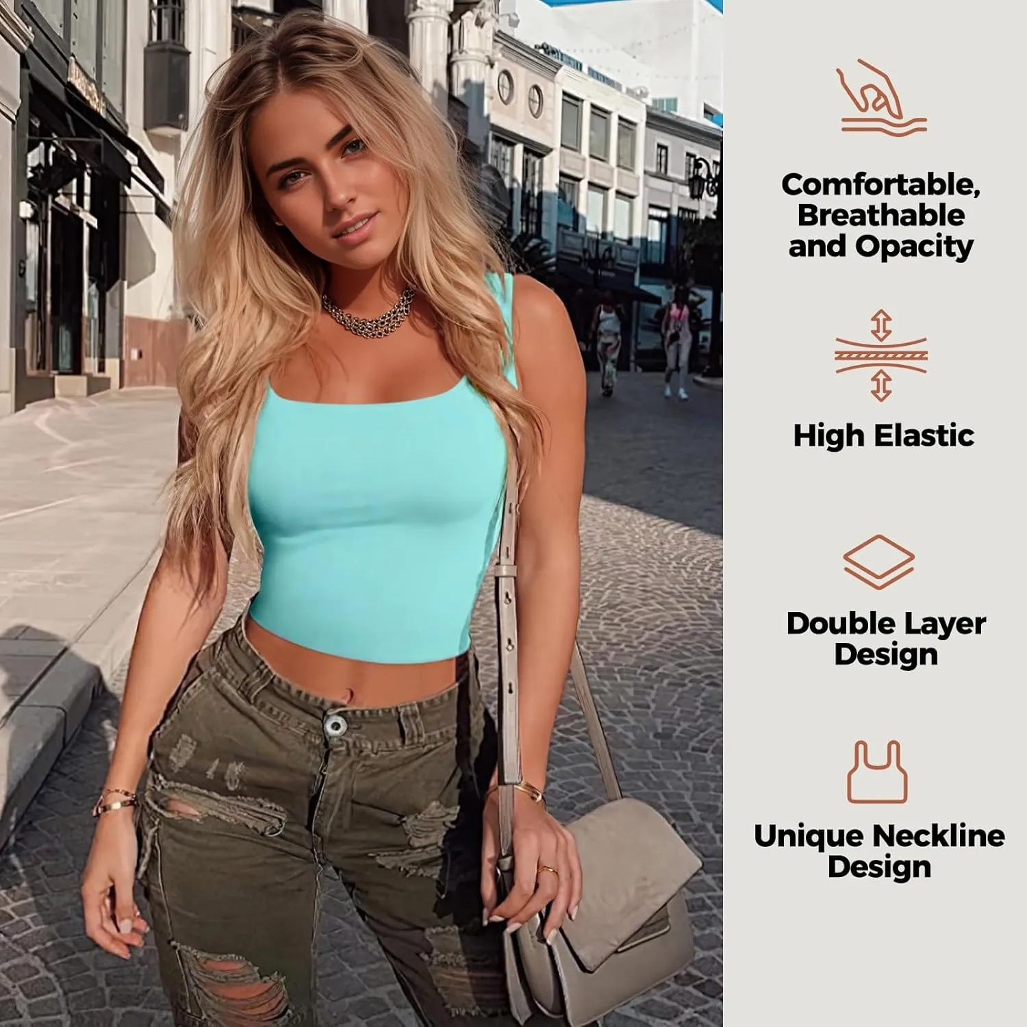 AURUZA Crop Tops for Women, Womens Double Lined Tank Tops U-Neck Basic Workout Tank Tops Woman Sleeveless Shirt Going Out Top