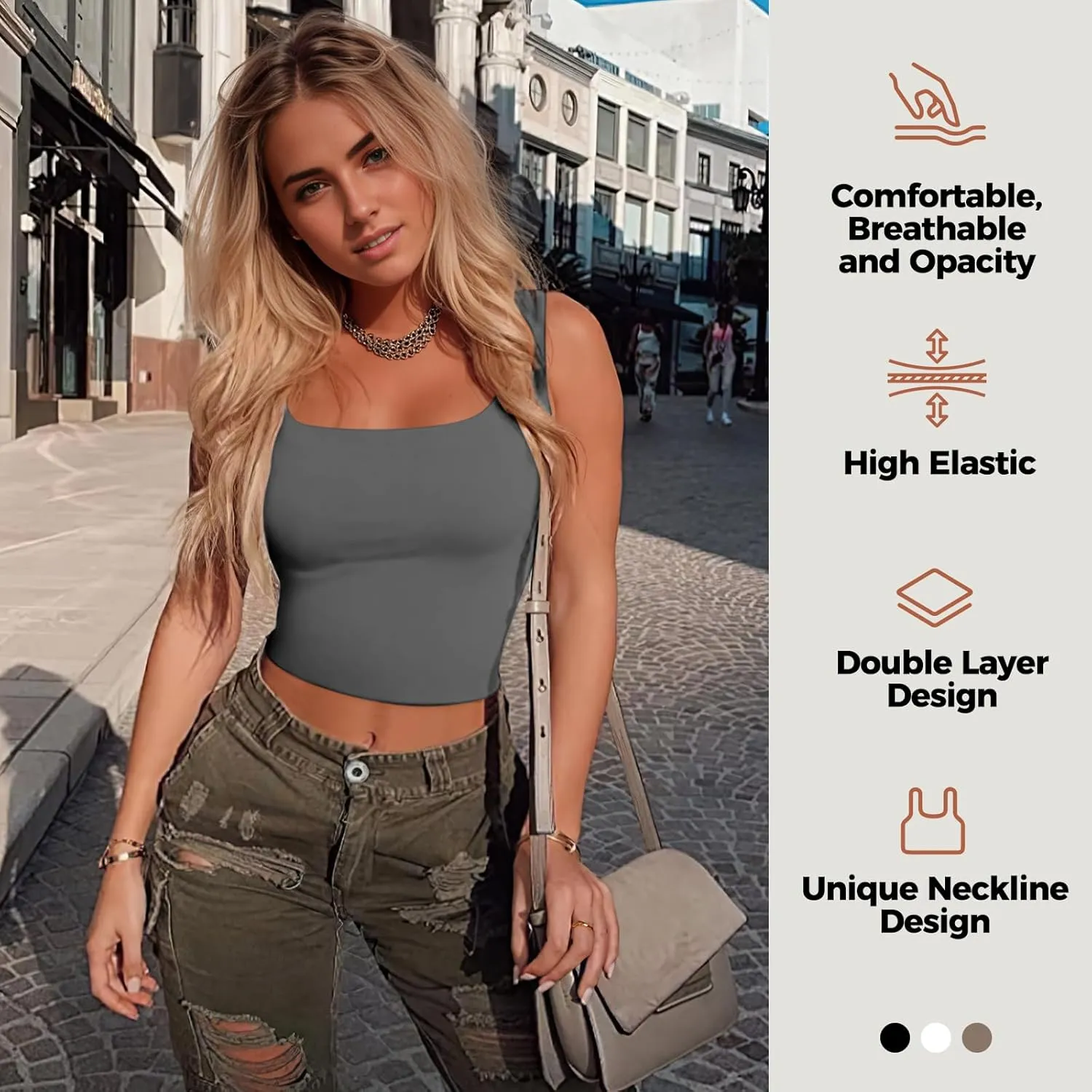 AURUZA Crop Tops for Women, Womens Double Lined Tank Tops U-Neck Basic Workout Tank Tops Woman Sleeveless Shirt Going Out Top