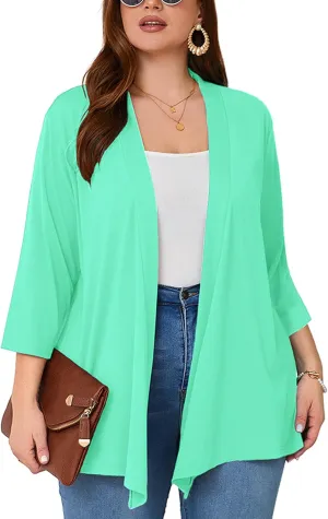 AusLook Women's Plus Size Lightweight Open Front Cardigan 3/4 Sleeve Cover Ups Shrugs Shawls and Wraps Kimono Jacket Coat