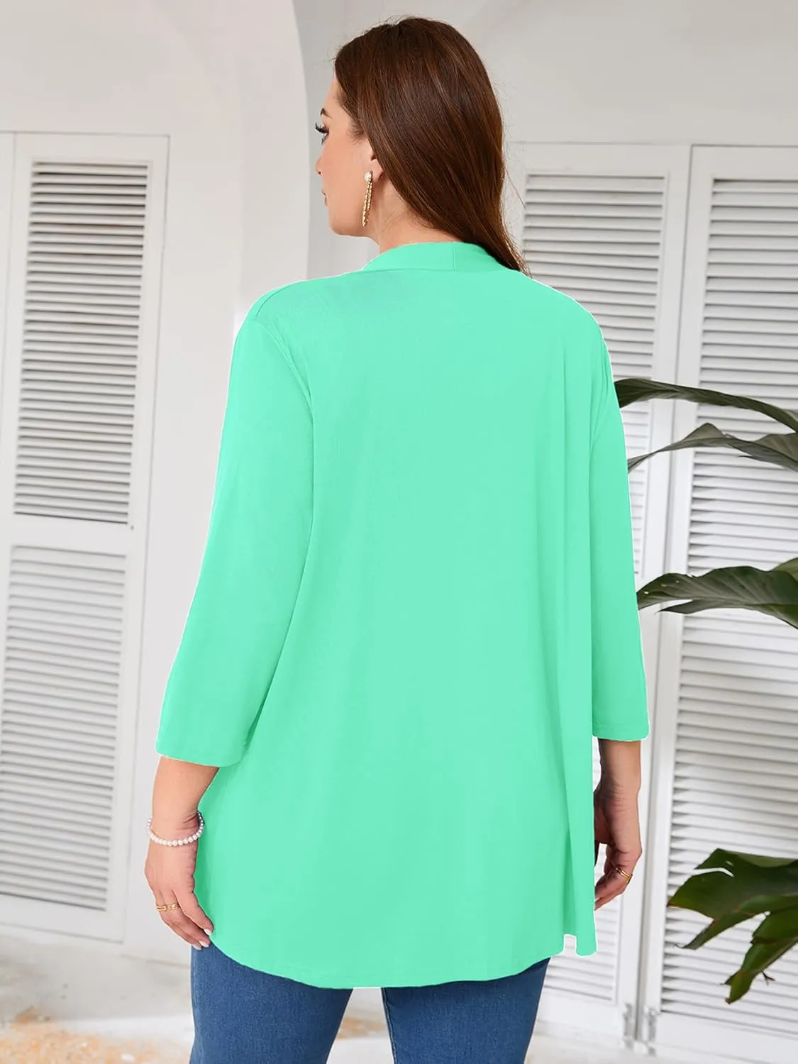 AusLook Women's Plus Size Lightweight Open Front Cardigan 3/4 Sleeve Cover Ups Shrugs Shawls and Wraps Kimono Jacket Coat