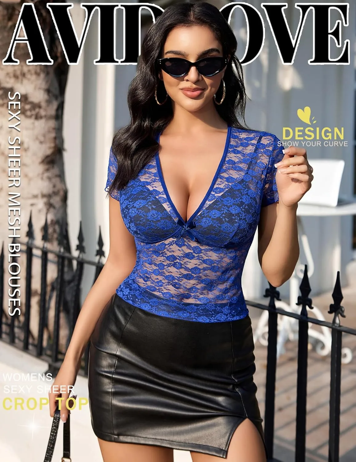 Avidlove Lace Tops Womens Short Sleeve V Neck Sexy See Through Tee Shirts Y2K Mesh Top Party Club Night Blouse S-XXL