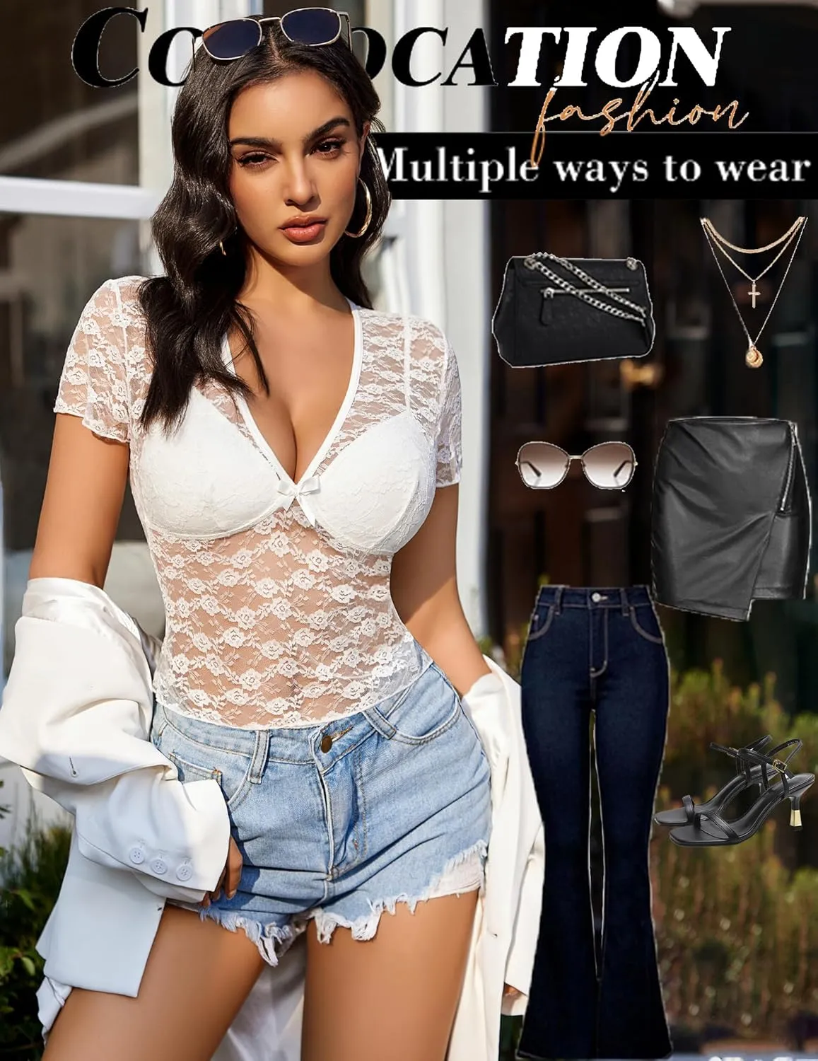 Avidlove Lace Tops Womens Short Sleeve V Neck Sexy See Through Tee Shirts Y2K Mesh Top Party Club Night Blouse S-XXL