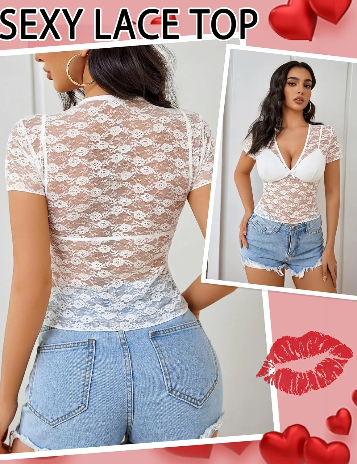 Avidlove Lace Tops Womens Short Sleeve V Neck Sexy See Through Tee Shirts Y2K Mesh Top Party Club Night Blouse S-XXL