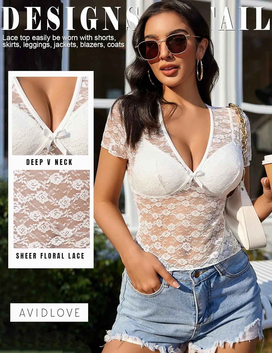 Avidlove Lace Tops Womens Short Sleeve V Neck Sexy See Through Tee Shirts Y2K Mesh Top Party Club Night Blouse S-XXL