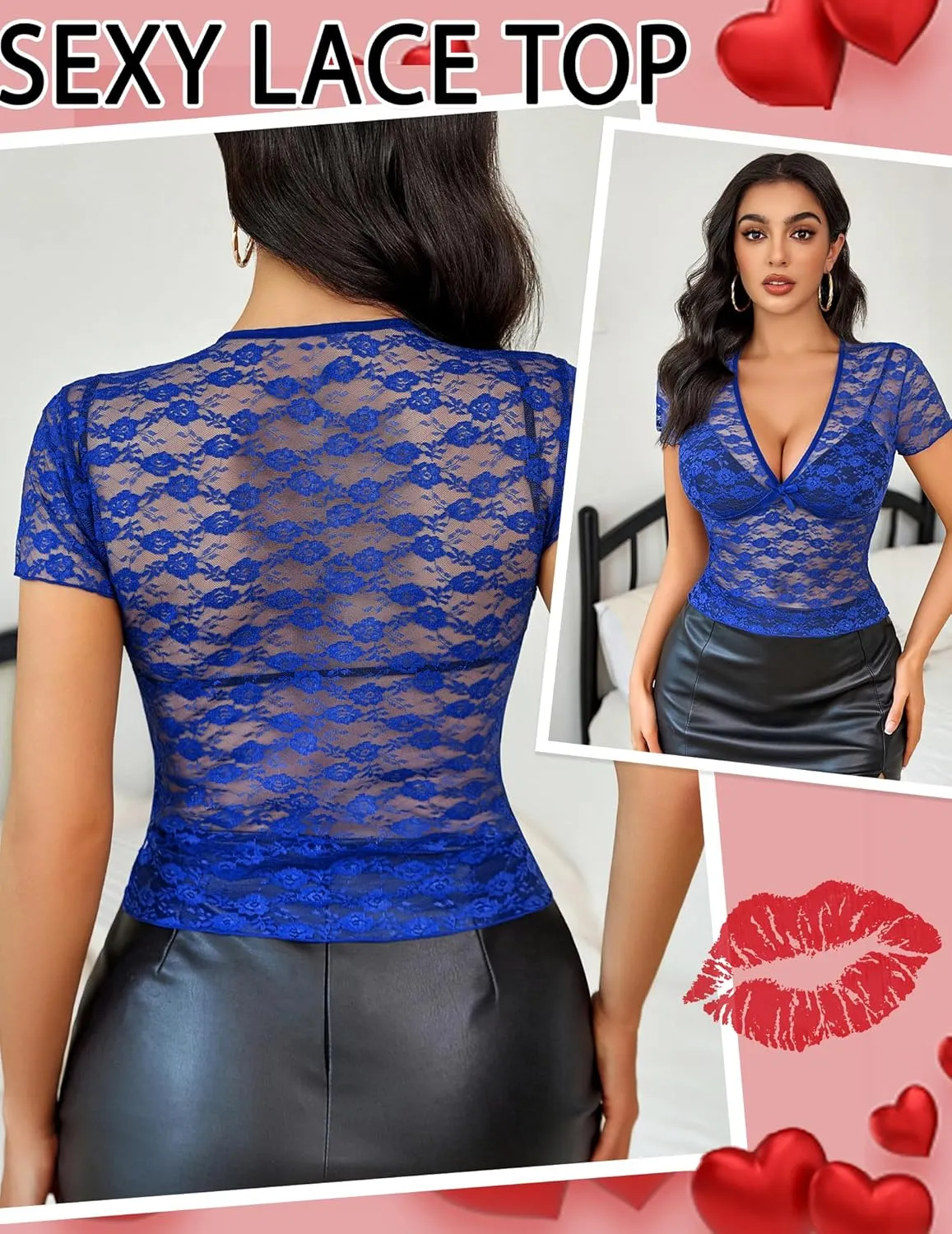 Avidlove Lace Tops Womens Short Sleeve V Neck Sexy See Through Tee Shirts Y2K Mesh Top Party Club Night Blouse S-XXL