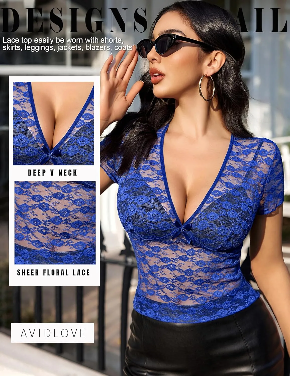 Avidlove Lace Tops Womens Short Sleeve V Neck Sexy See Through Tee Shirts Y2K Mesh Top Party Club Night Blouse S-XXL