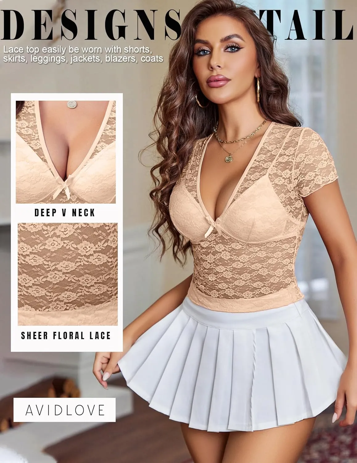 Avidlove Lace Tops Womens Short Sleeve V Neck Sexy See Through Tee Shirts Y2K Mesh Top Party Club Night Blouse S-XXL