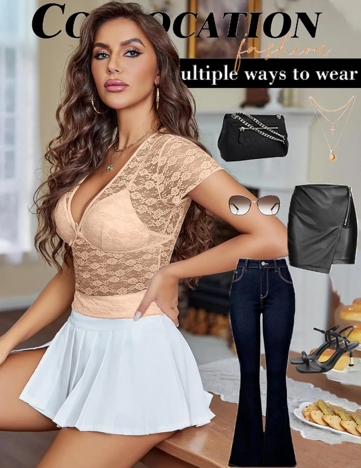 Avidlove Lace Tops Womens Short Sleeve V Neck Sexy See Through Tee Shirts Y2K Mesh Top Party Club Night Blouse S-XXL