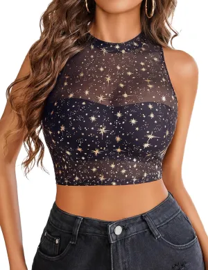 Avidlove Sexy Mesh Crop Top for Women Sleeveless Sheer High Neck Tops See Through Tank Blouses Shirts