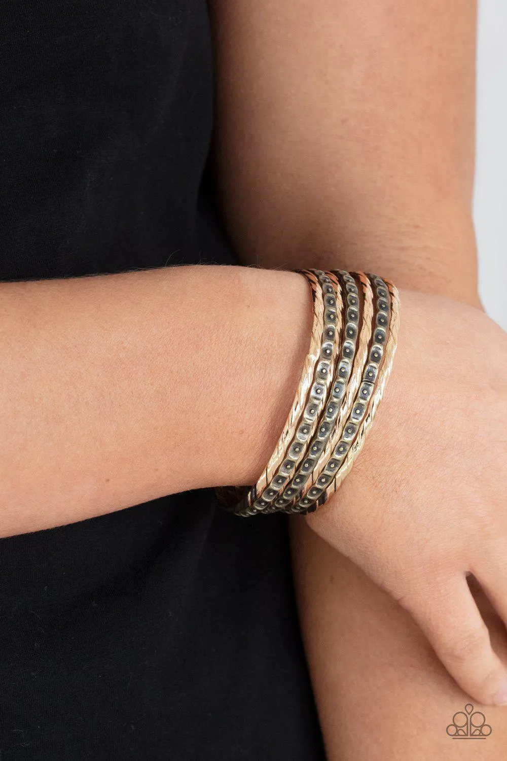 Back-To-Back Stacks Multi Gold and Brass Bangle Bracelet Set - Paparazzi Accessories
