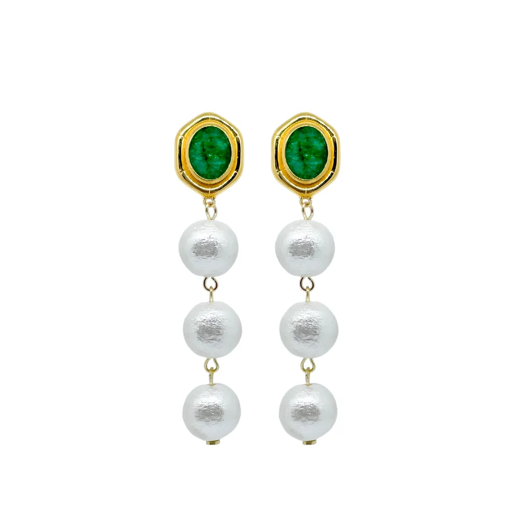Bamboo Gold & Emerald Triple Cotton Pearl Earring