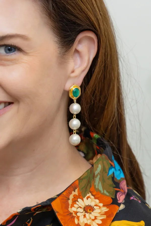 Bamboo Gold & Emerald Triple Cotton Pearl Earring