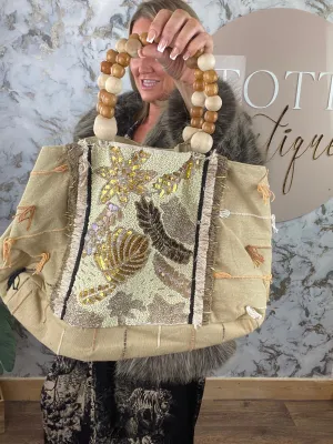Bead handle handmade sequinned bag