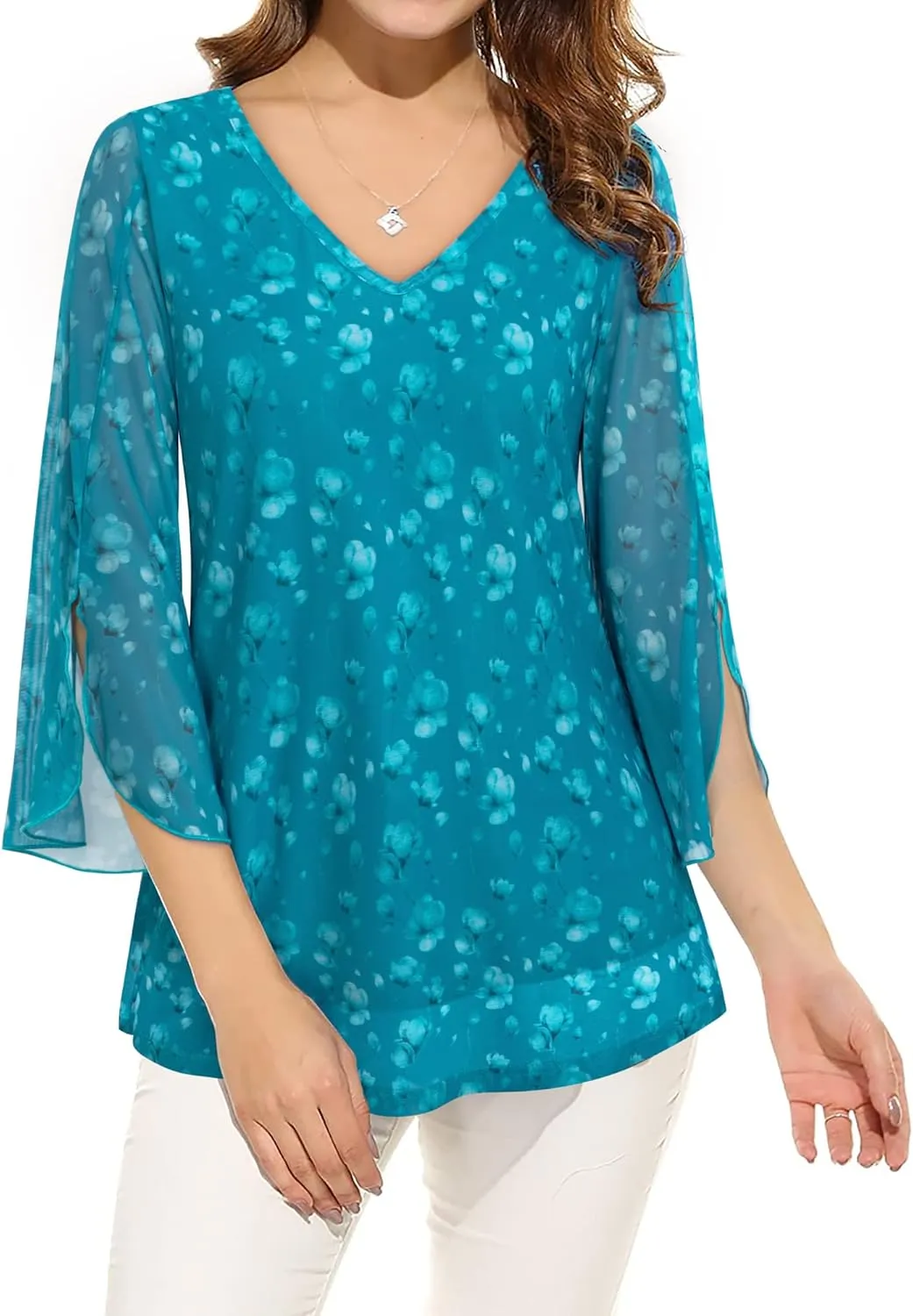 Bebonnie Womens Ruffle 3/4 Sleeve V Neck Double Layers Mesh Blouses Loose Fit Flowy Tunic Tops