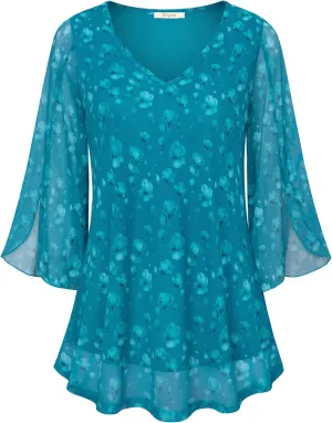 Bebonnie Womens Ruffle 3/4 Sleeve V Neck Double Layers Mesh Blouses Loose Fit Flowy Tunic Tops