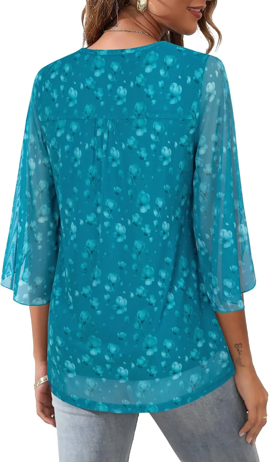 Bebonnie Womens Ruffle 3/4 Sleeve V Neck Double Layers Mesh Blouses Loose Fit Flowy Tunic Tops
