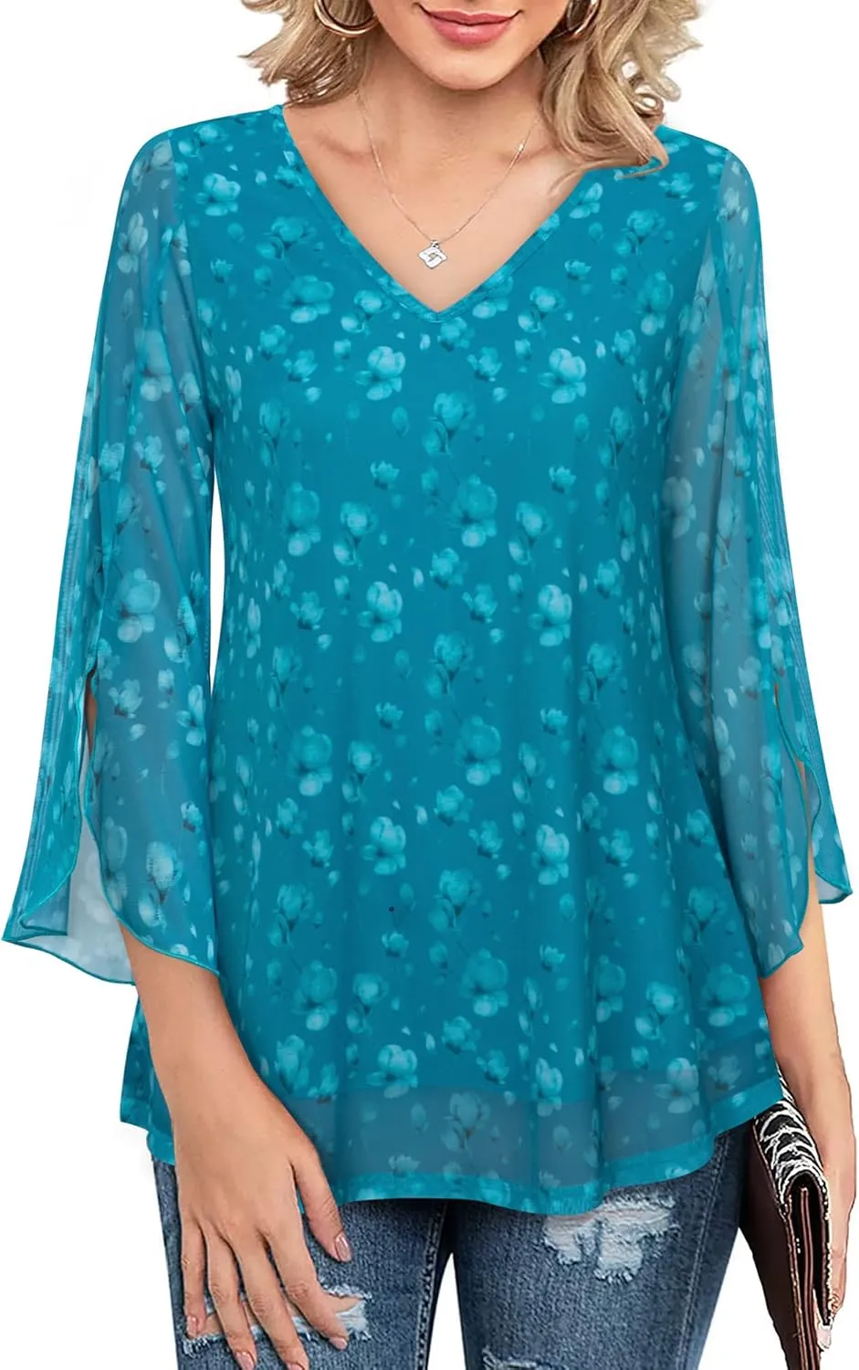Bebonnie Womens Ruffle 3/4 Sleeve V Neck Double Layers Mesh Blouses Loose Fit Flowy Tunic Tops